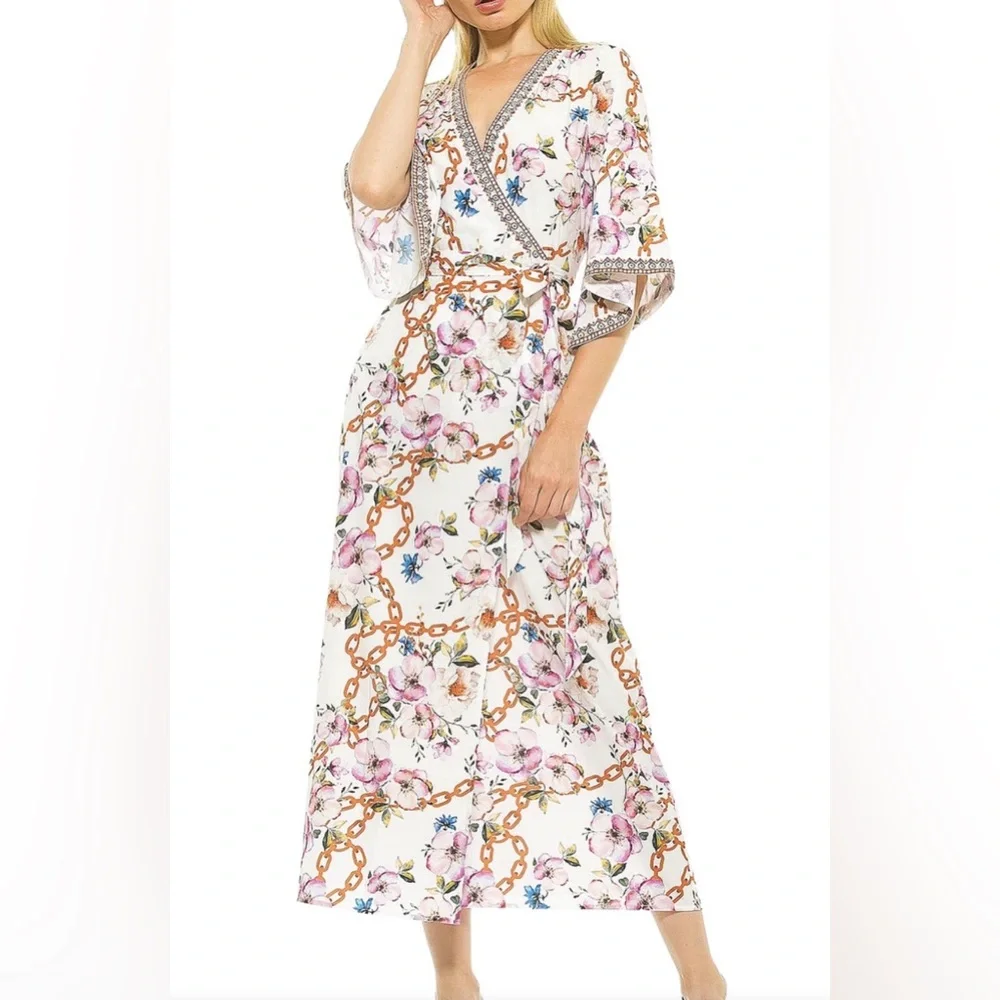 Alexia Admor Mixed Print Kimono Wrap Maxi Dress 8 *Missing Belt* Brunch Vacay - Picture 1 of 5